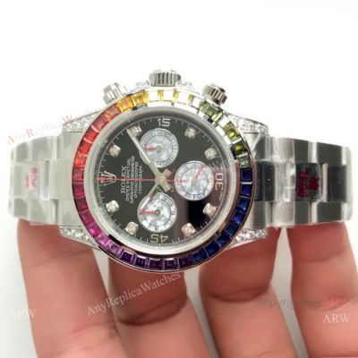 EX Factory Swiss Rolex Rainbow Daytona Replica Watch SS Black Face